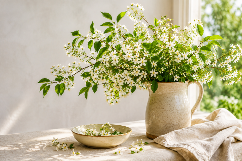 White flowers and green leaves in a vase on a table