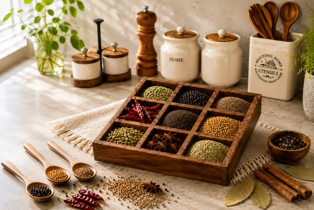 Indian spices in a wooden spice box with whole spices