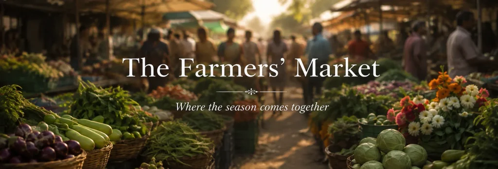 Farmers market with seasonal vegetables, flowers and shoppers