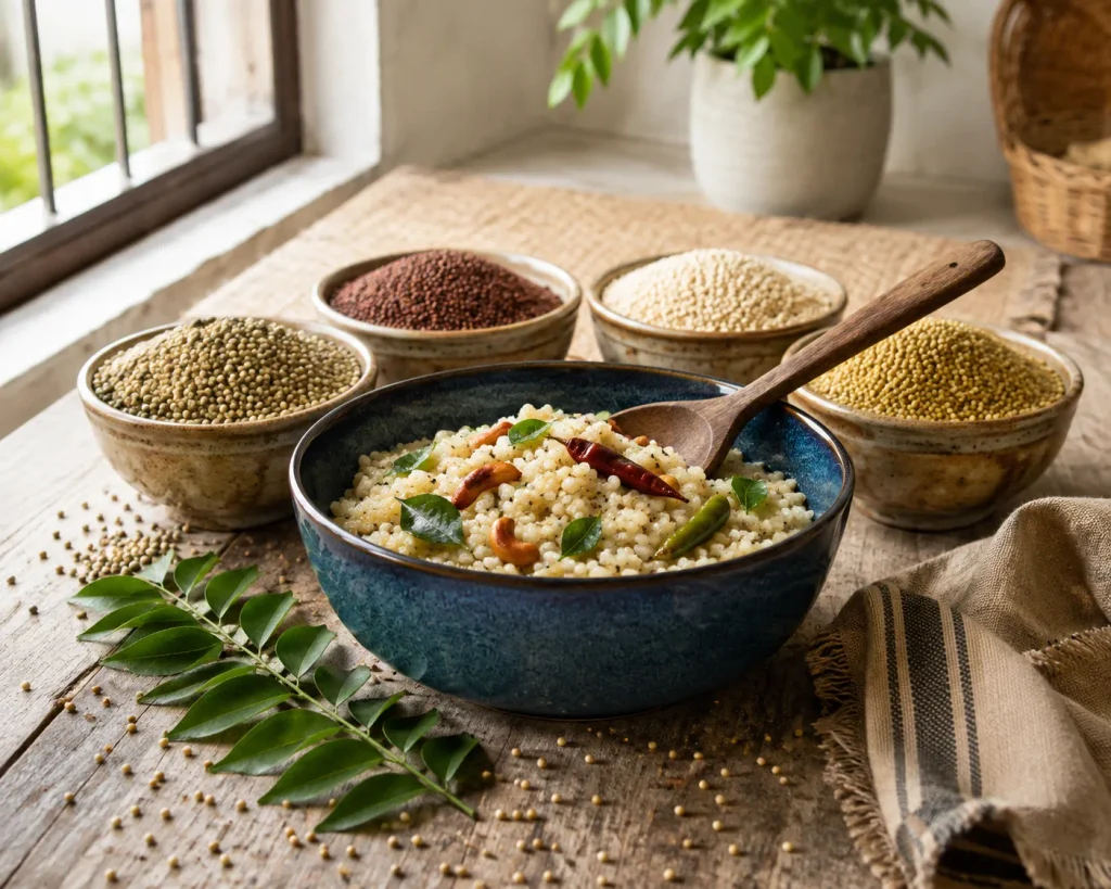 Indian millet dish with mixed grains, vegetables and curry leaves in a bowl