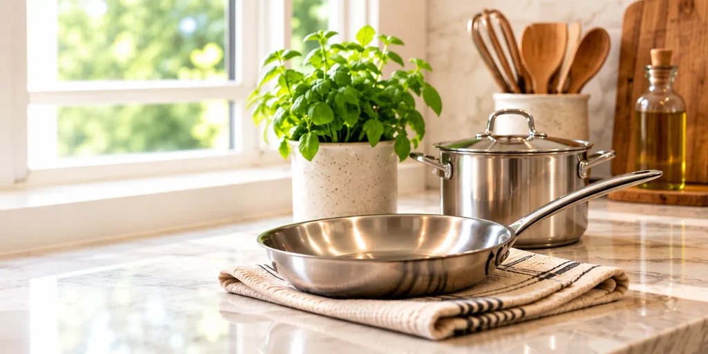 Stainless steel pan and pot on a kitchen counter beside a basil plant