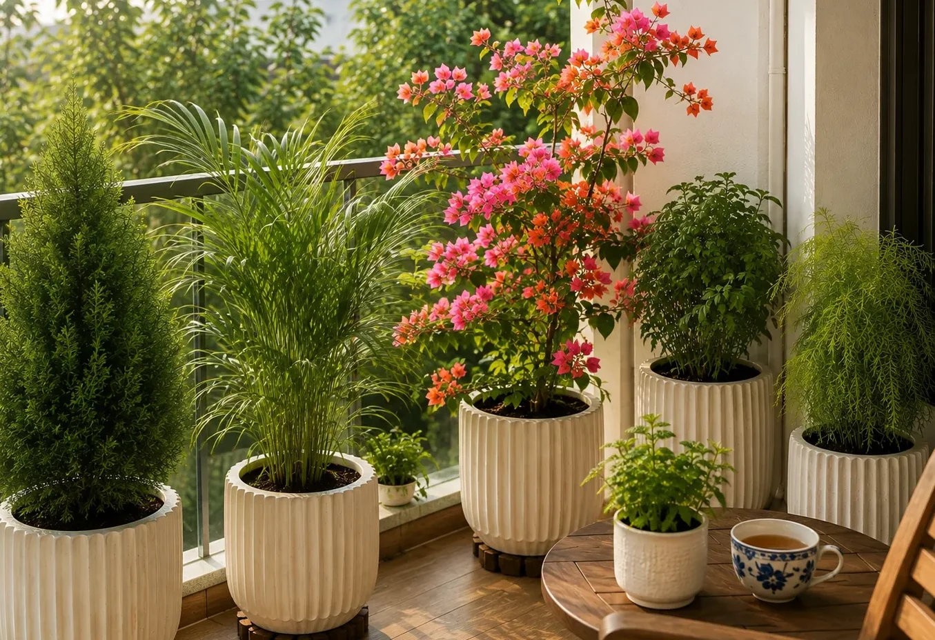 Home garden on a veranda with flowering bougainvillea and potted plants