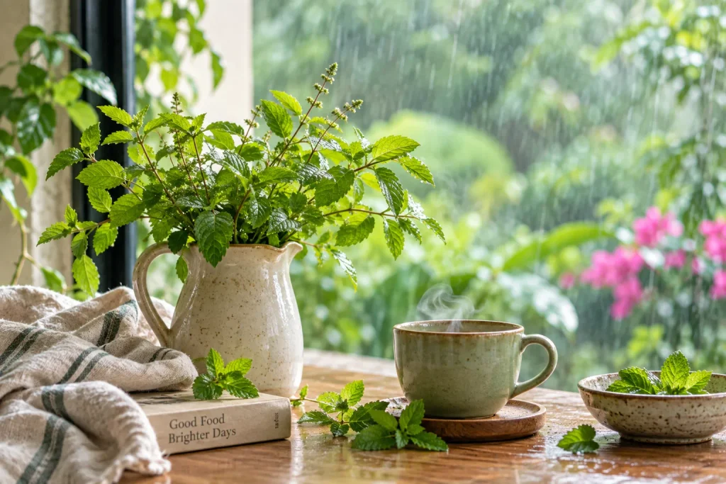 Fresh mint leaves, tea and garden greenery by a rainy window